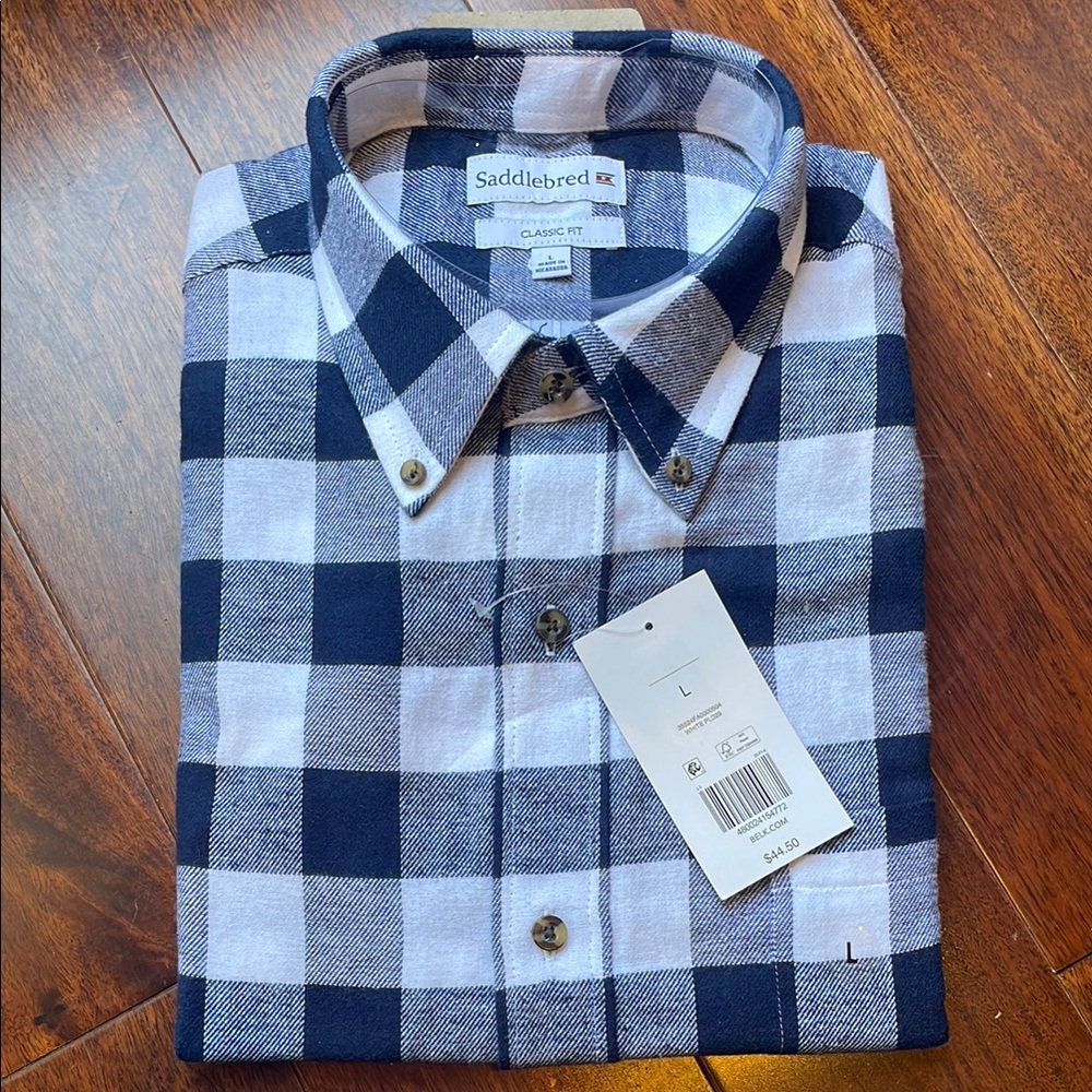 Saddlebred Men's Blue and White Checkered Plaid Flannel Shirt